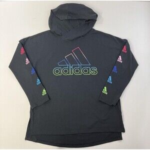 Adidas Shirt Youth Medium Black Rainbow Logo Hooded Long Sleeve light weight